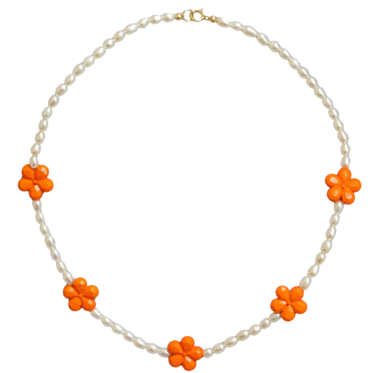 Orange Flower Pearl Necklace