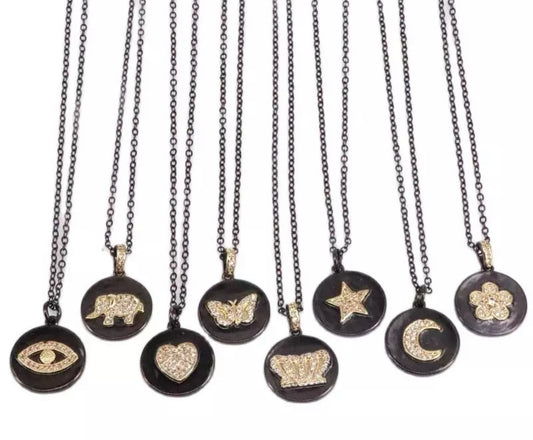Black Disc Gold Charm Necklace