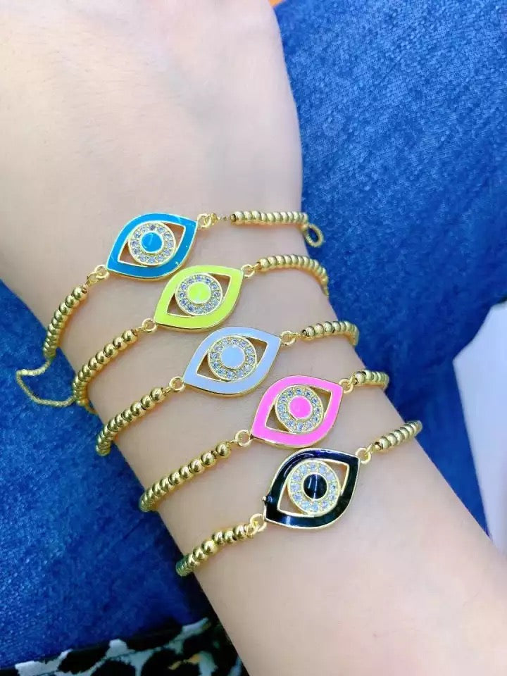 Enamel Evil Eye Bead Bolo Bracelet